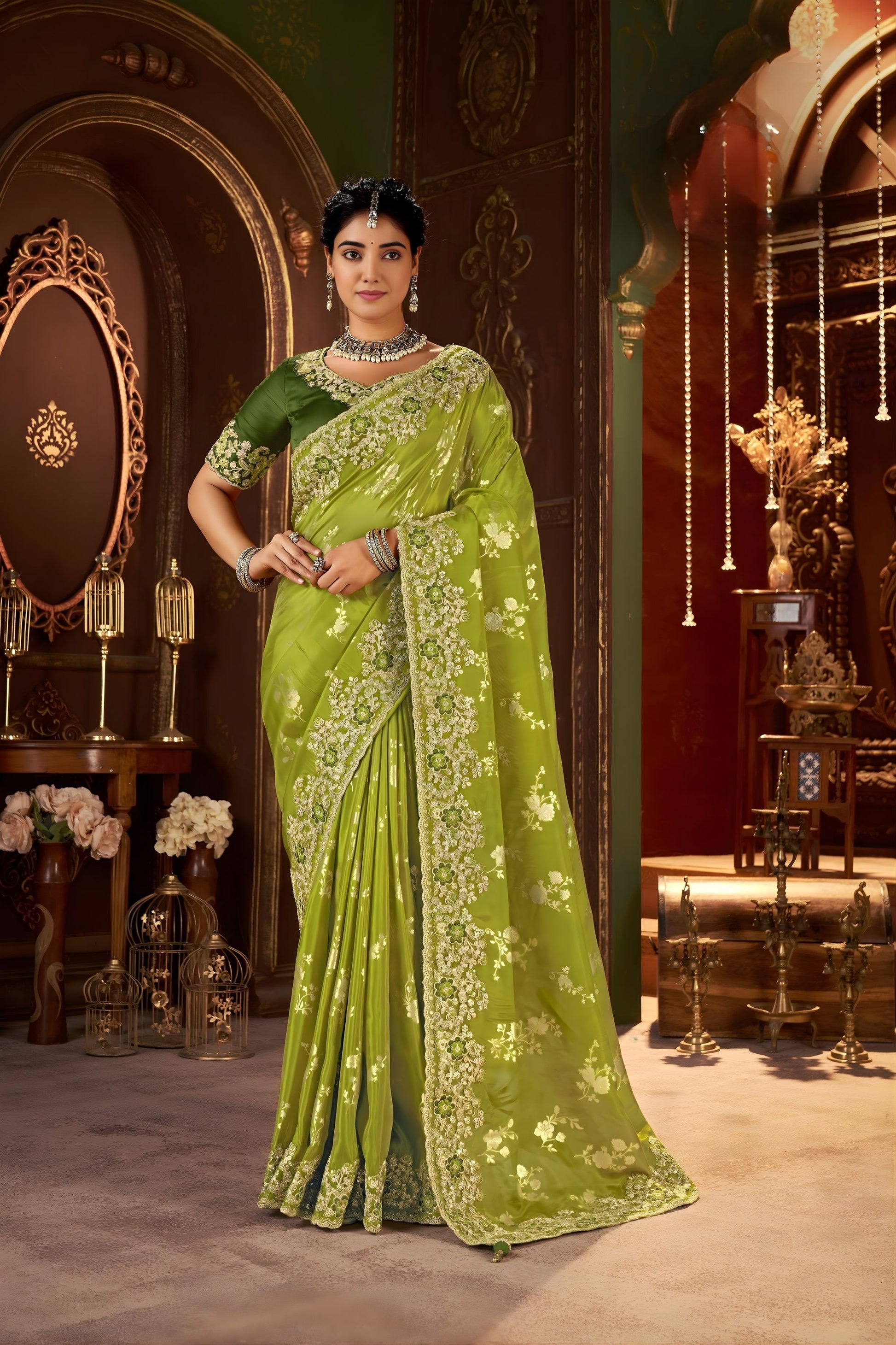  Parrot Green Embroidered Silk Blend Saree with Designer Blouse