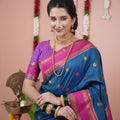 Deep Blue Silk Saree with Rani Pink Woven Border Traditional Design