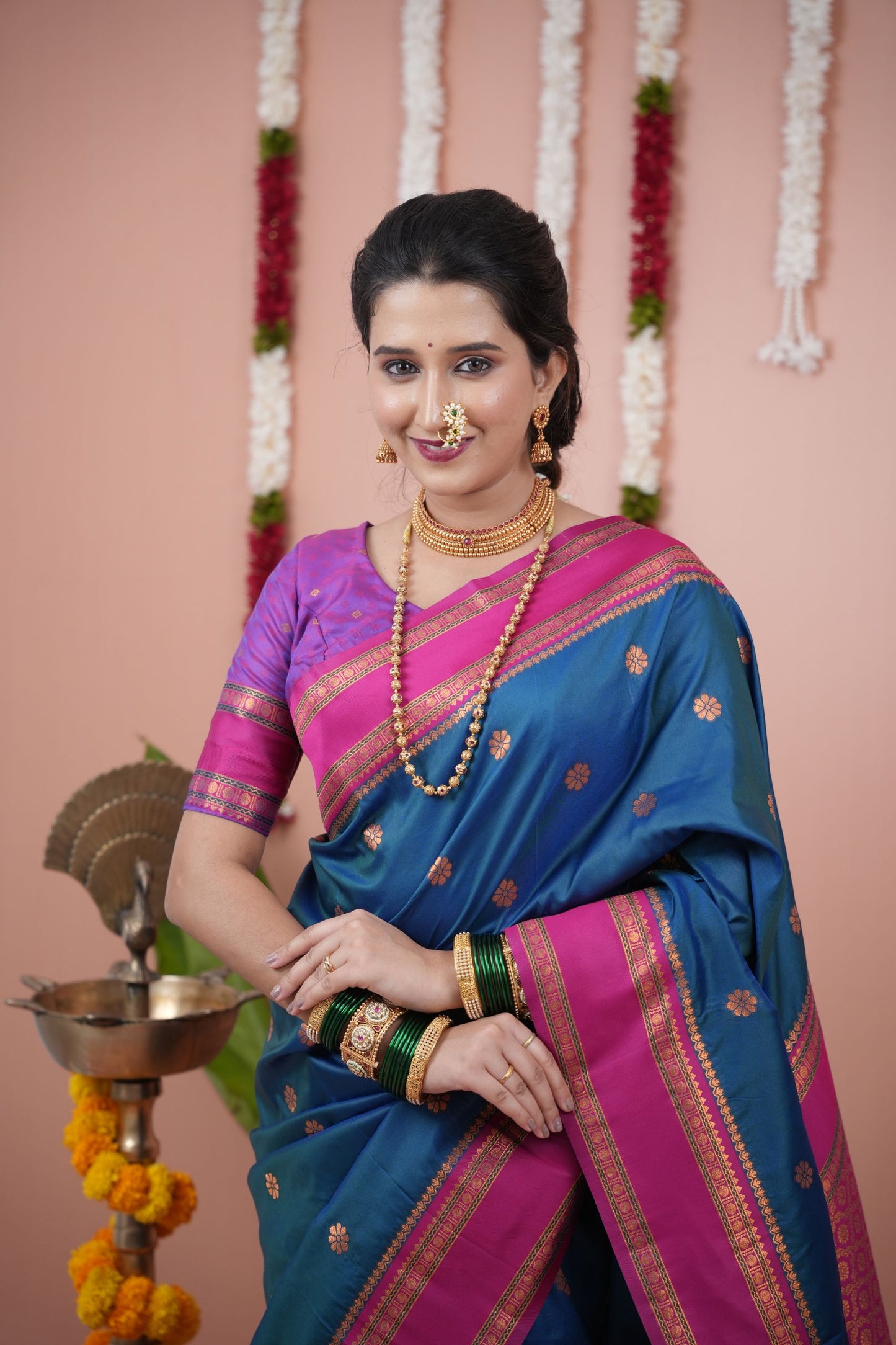 Deep Blue Silk Saree with Rani Pink Woven Border Traditional Design