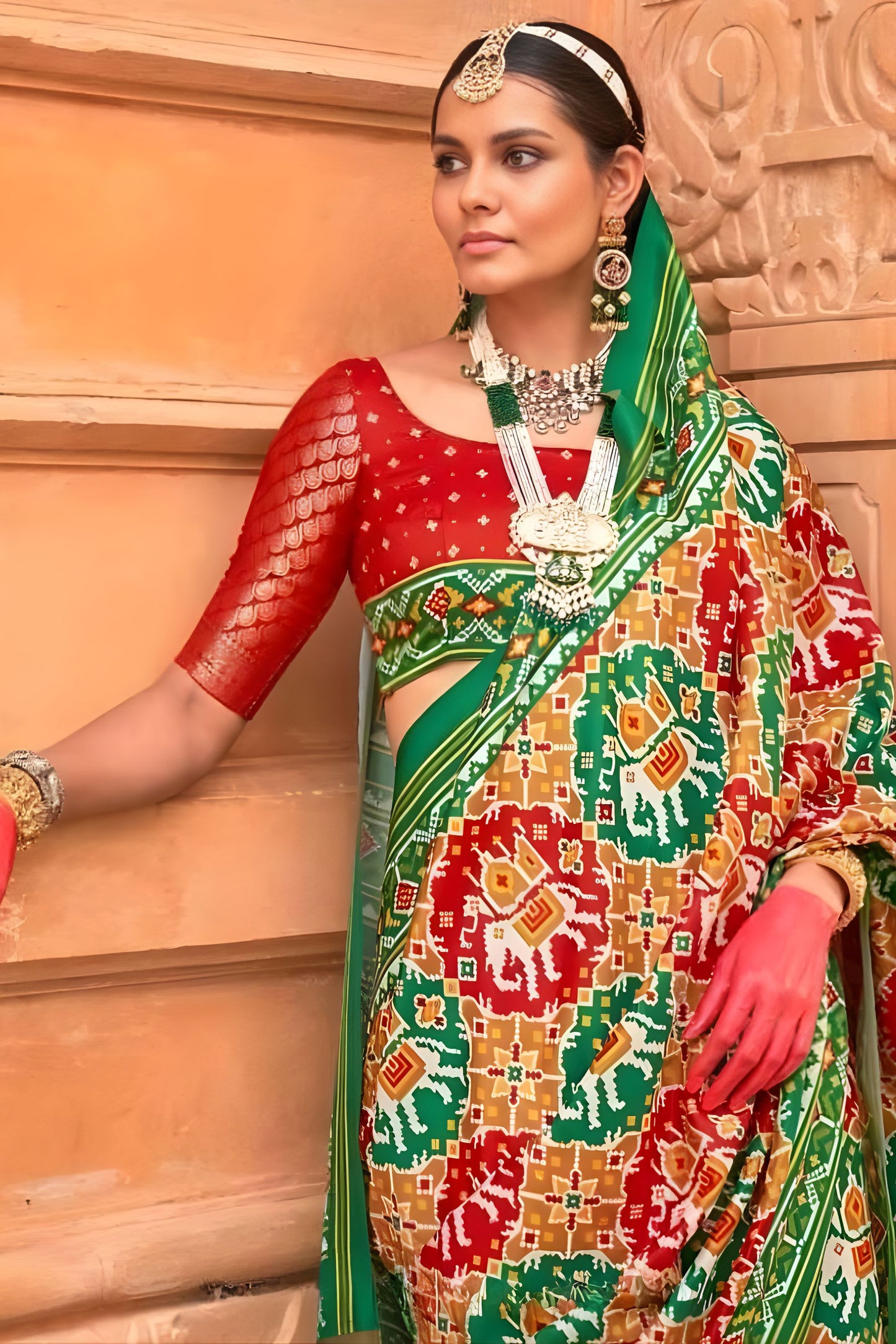 Green and Multicolor Patola Print Silk Saree Traditional Border
