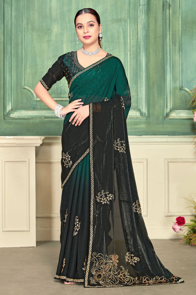 Designer Green Black Embroidered Party Wear Saree With Blouse