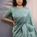 Sea Green Silk Saree with Embroidered Border Designer Blouse