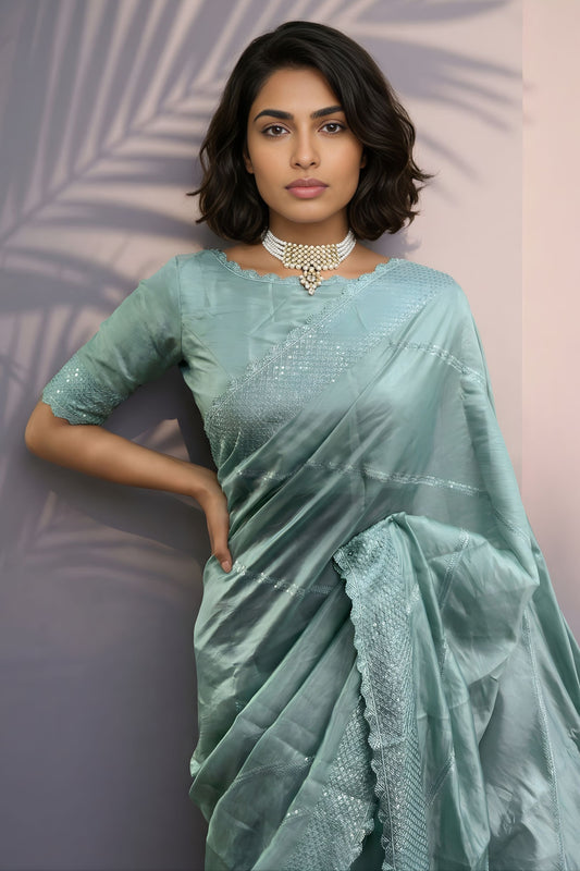 Sea Green Silk Saree with Embroidered Border Designer Blouse