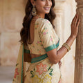 Cream Printed Linen Silk Saree Floral Design and Green Border