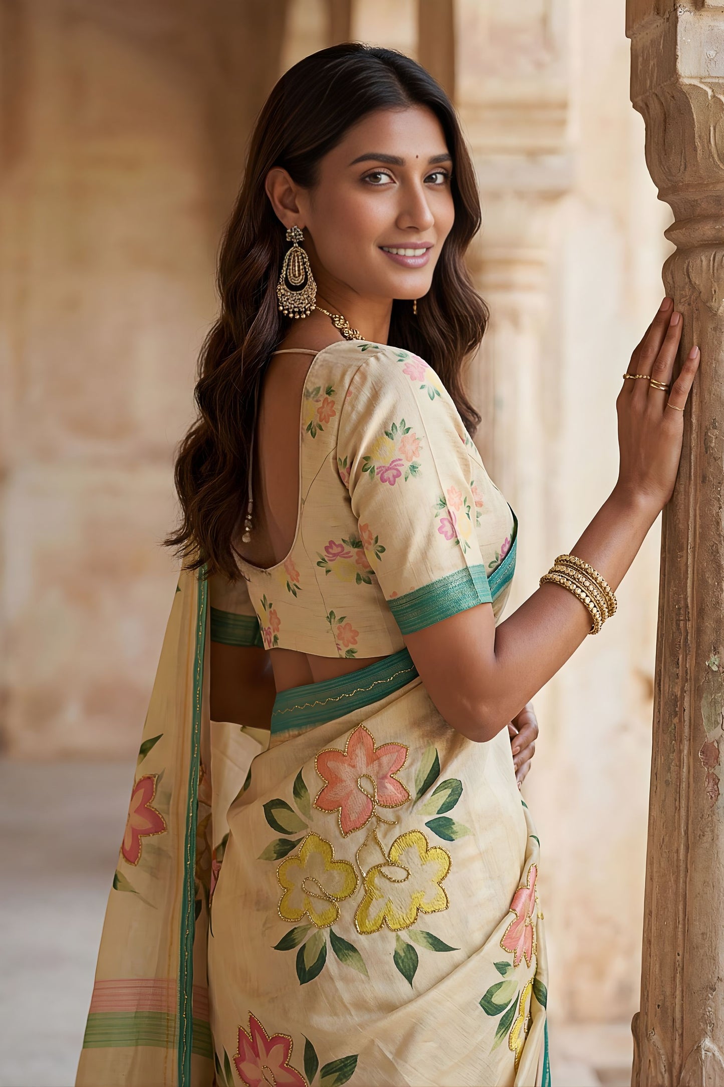 Cream Printed Linen Silk Saree Floral Design and Green Border