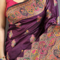 Wine Purple Kashmiri Printed Satin Silk Saree Designer Border