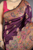 Wine Purple Kashmiri Printed Satin Silk Saree Designer Border