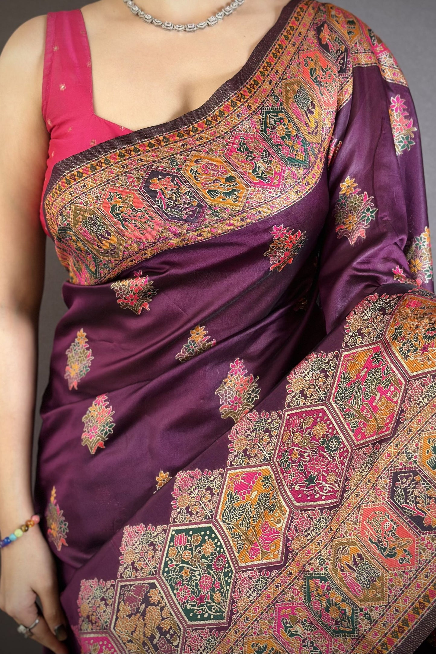 Wine Purple Kashmiri Printed Satin Silk Saree Designer Border