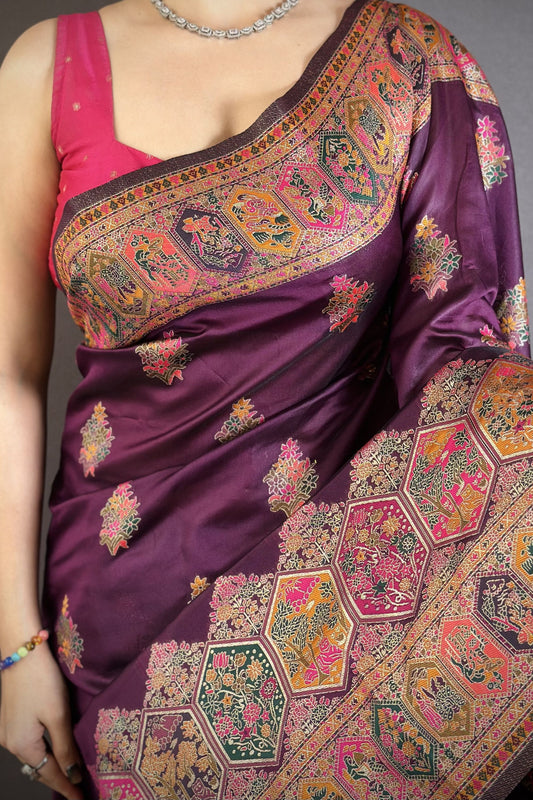Wine Purple Kashmiri Printed Satin Silk Saree Designer Border