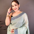Sage Green Linen Cotton Saree Elephant Print Pallu