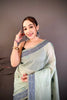 Sage Green Linen Cotton Saree Elephant Print Pallu