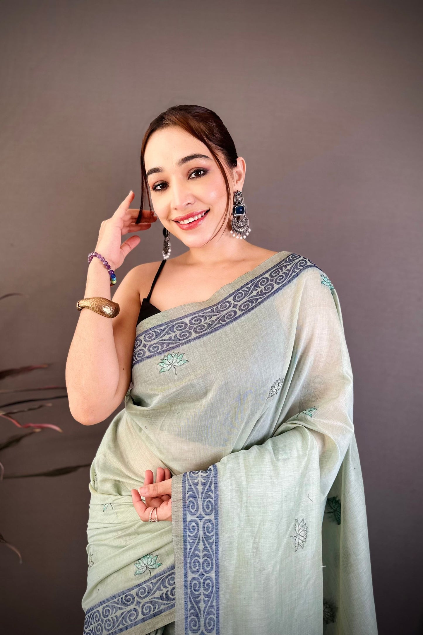 Sage Green Linen Cotton Saree Elephant Print Pallu