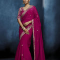 Luxury Rani Pink Embroidered Saree with Designer Blouse 