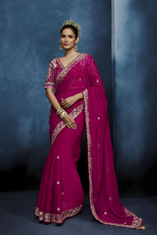 Luxury Rani Pink Embroidered Saree with Designer Blouse 