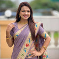 Lavender Purple Floral Woven Linen Silk Saree Designer Peacock Border