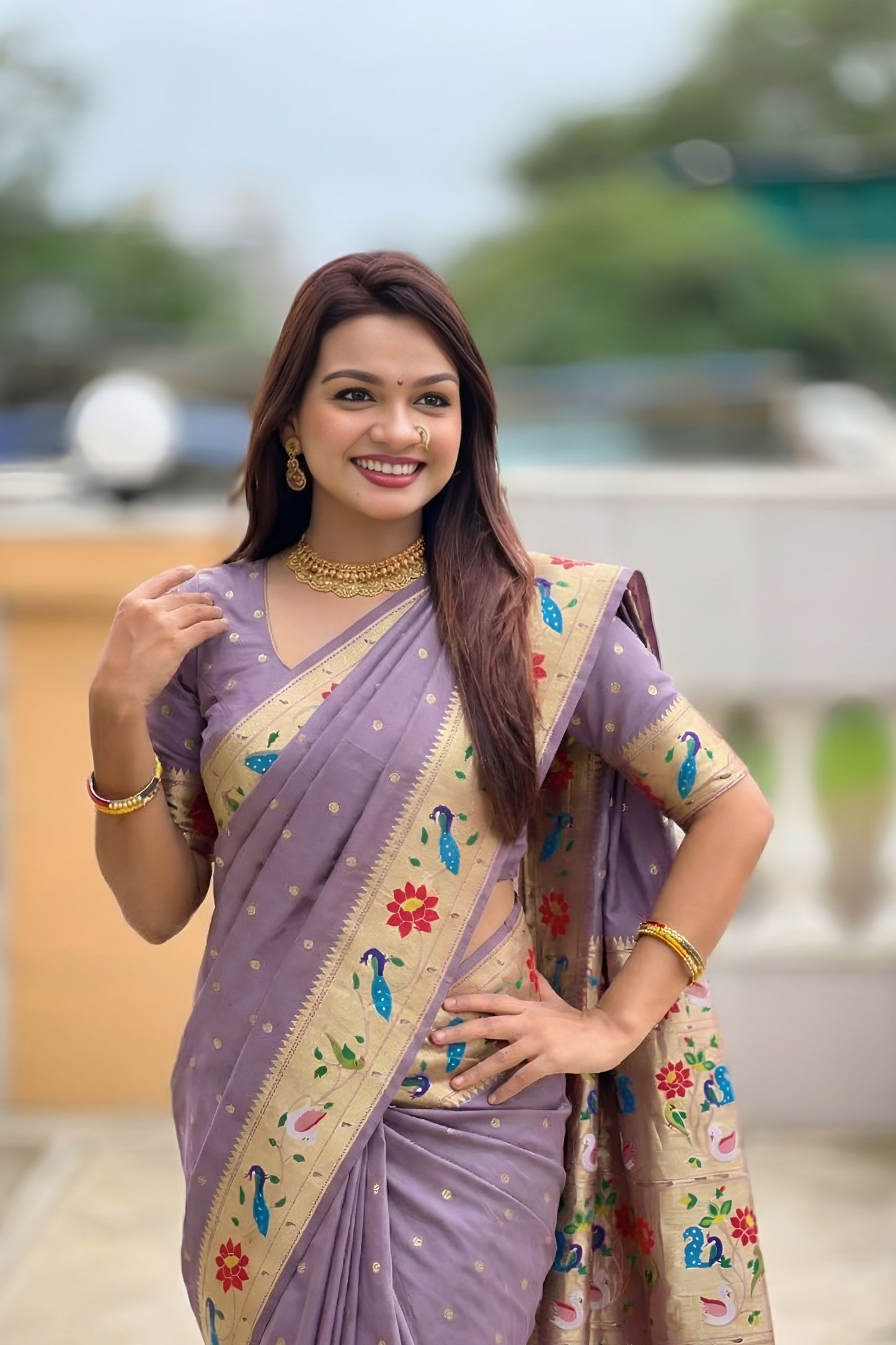 Lavender Purple Floral Woven Linen Silk Saree Designer Peacock Border