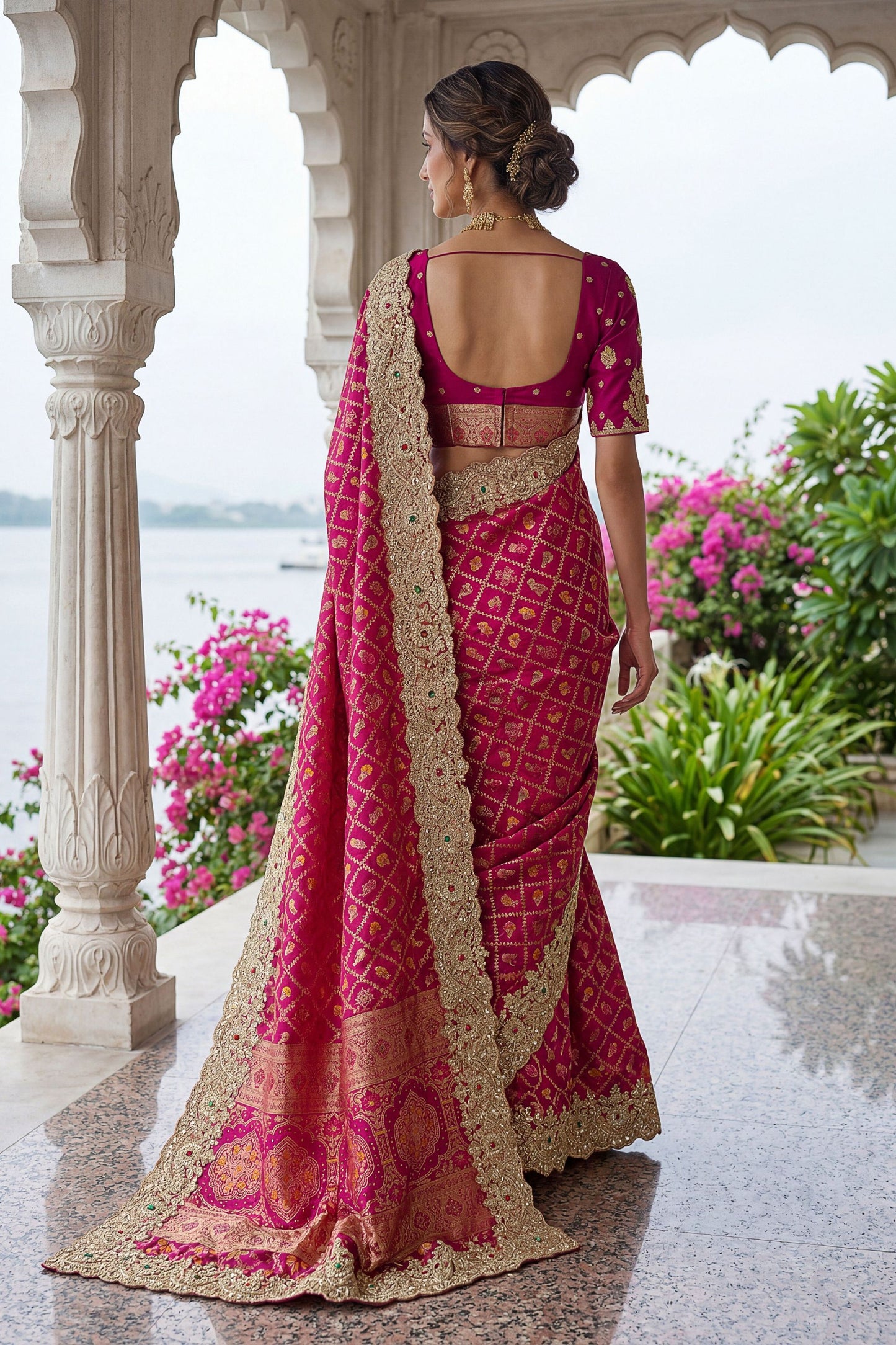 Rani Pink Banarasi Silk Saree Heavy Zari Embroidery Rich Designer Border