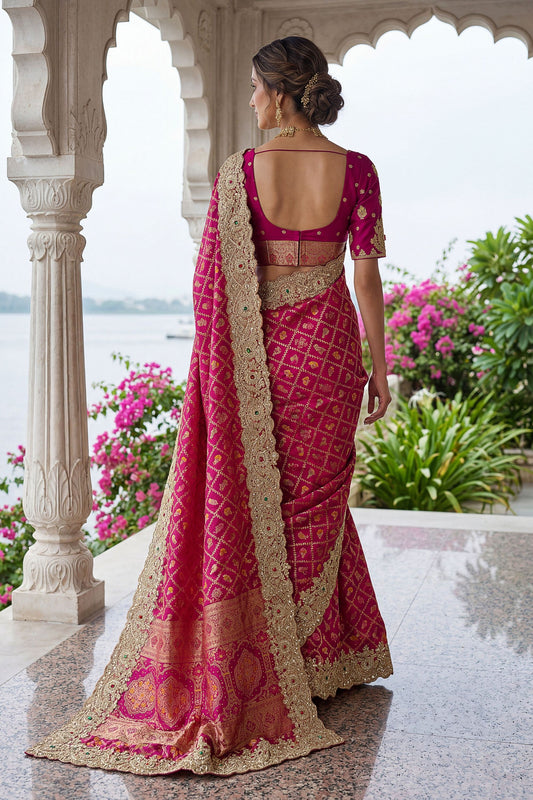 Rani Pink Banarasi Silk Saree Heavy Zari Embroidery Rich Designer Border