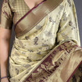 Beige Maroon Kanjivaram Silk Saree Traditional Zari Woven Designer Saree