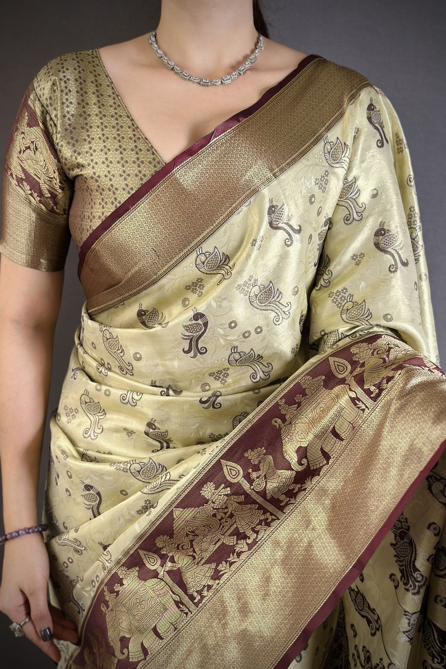 Beige Maroon Kanjivaram Silk Saree Traditional Zari Woven Designer Saree