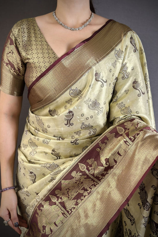 Beige Maroon Kanjivaram Silk Saree Traditional Zari Woven Designer Saree