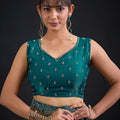 Teal Green Silk Saree Antique Silver Zari Border Party Wear Saree