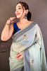 Elegant Mint Green Linen Cotton Saree Floral Print Pallu