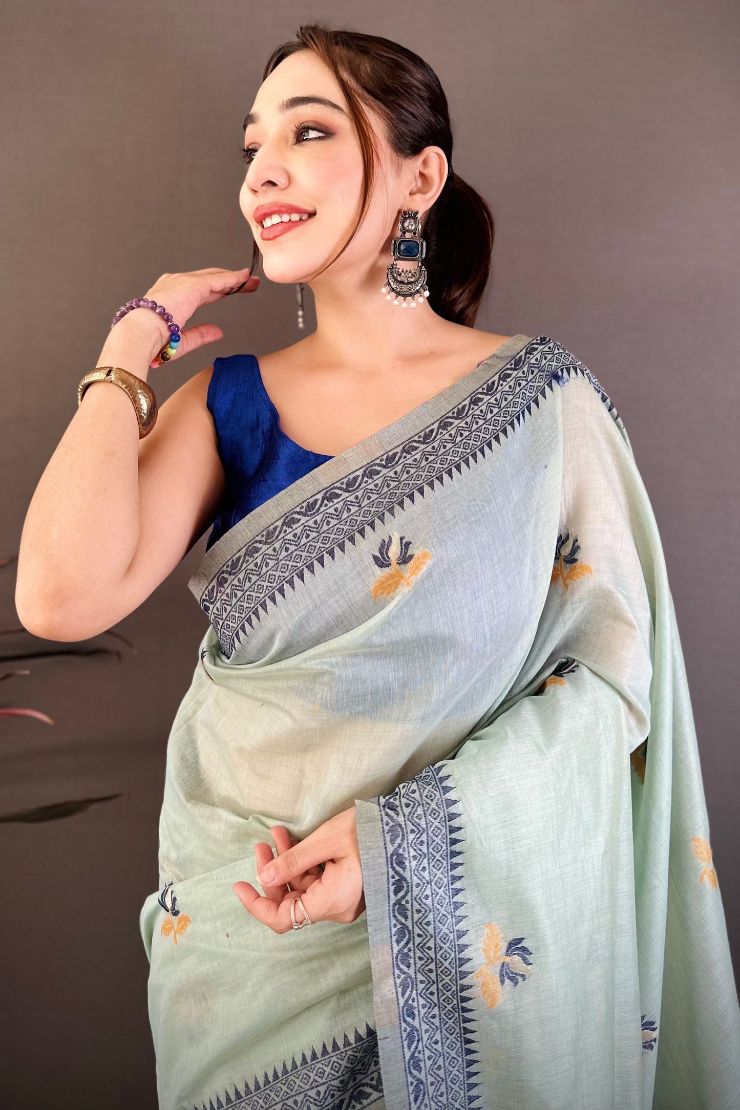 Elegant Mint Green Linen Cotton Saree Floral Print Pallu