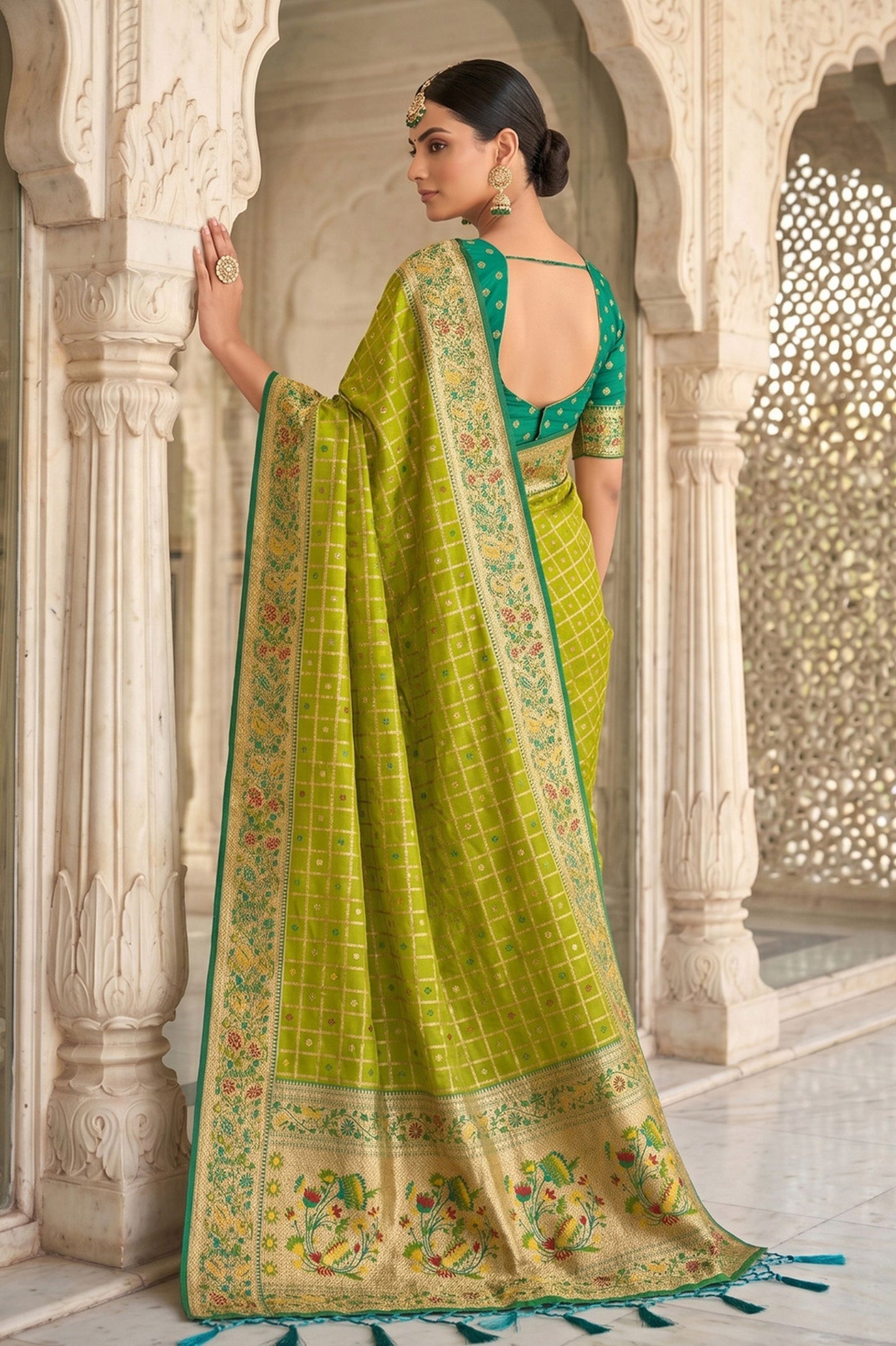 Lime Green Paithani Silk Saree Traditional Zari Border Designer Green Blouse
