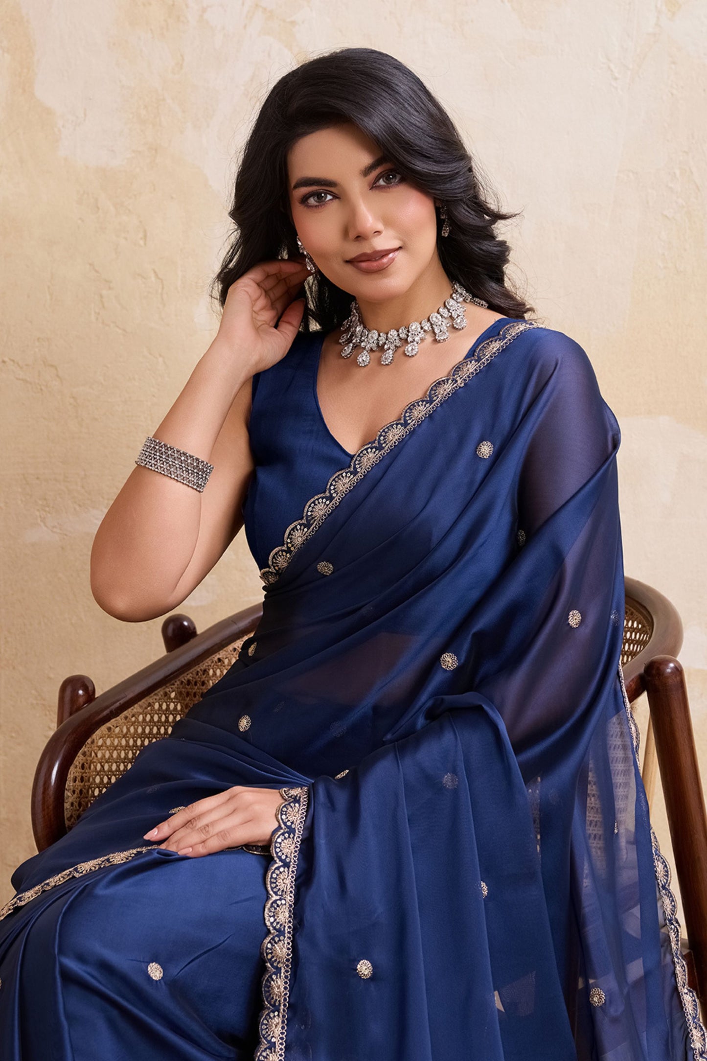 Navy Blue Georgette Saree with Silver Zari Border Butti Work