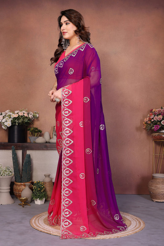 Pink and Purple Georgette Saree Embroidered Border Work