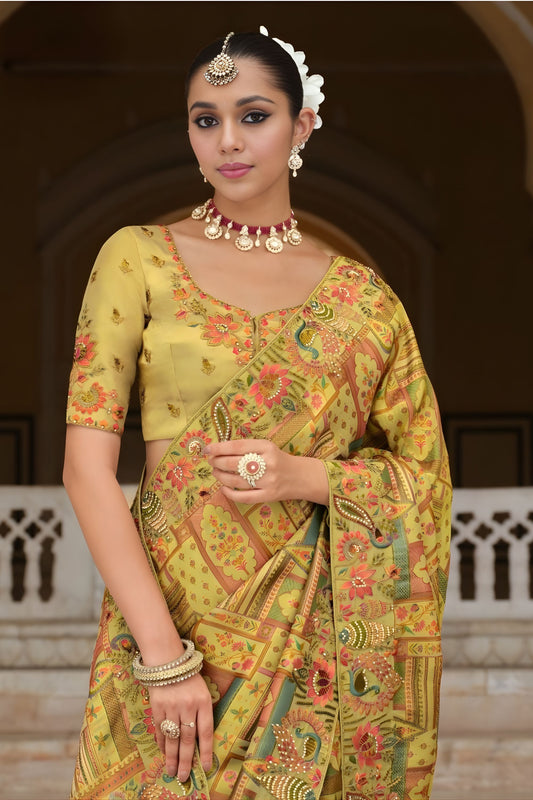 Traditional Olive Green Woven Silk Saree Wedding  Wear