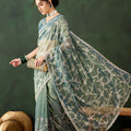 Sea Green Embroidered Net Saree with Designer Border Party Wear Saree