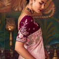 Pink Silk Saree with Heavy Border and Wine Velvet Blouse