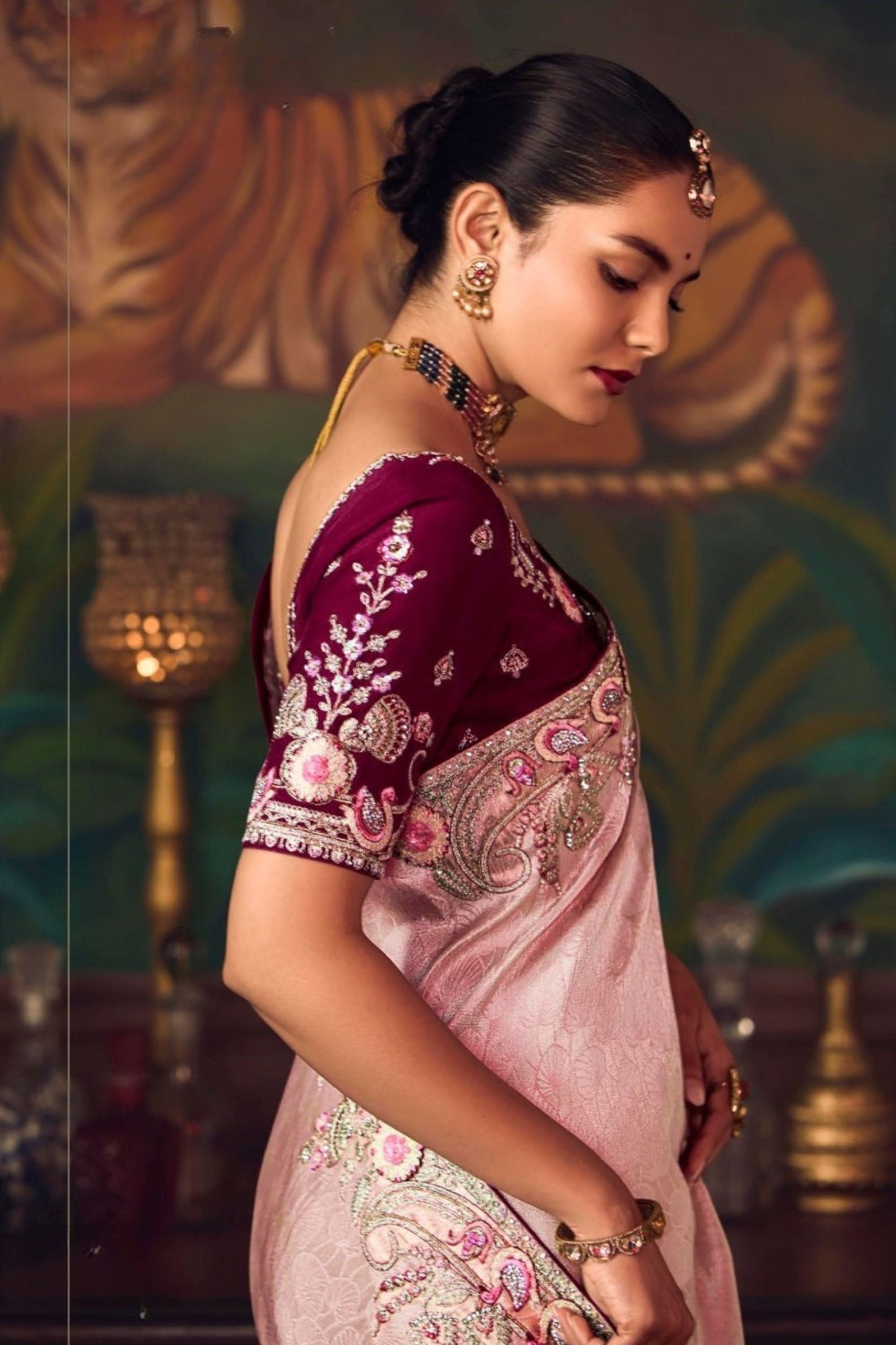 Pink Silk Saree with Heavy Border and Wine Velvet Blouse