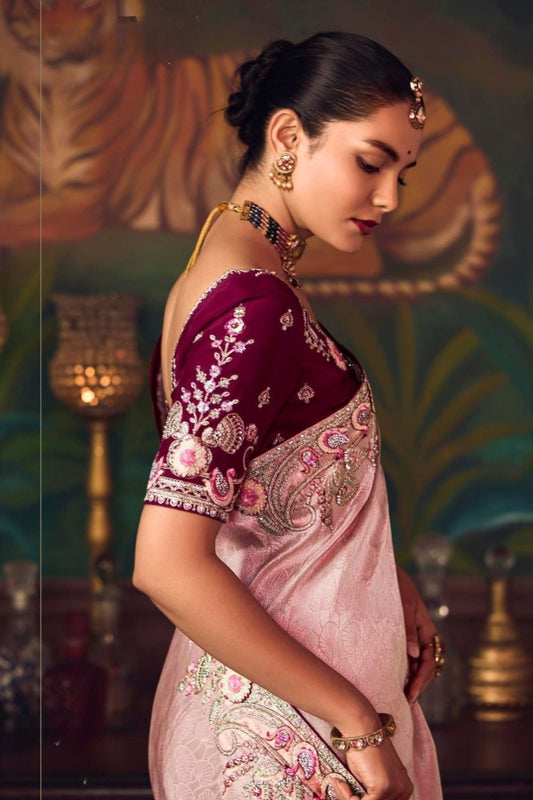 Pink Silk Saree with Heavy Border and Wine Velvet Blouse