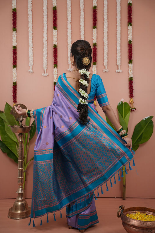 Lavender Silk Saree with Sky Blue Woven Border Traditional Design