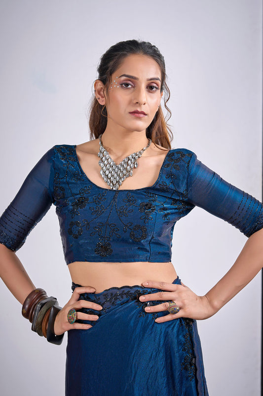 Teal Blue Organza Silk Saree with Black Embroidered Blouse