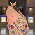 Peach Linen Silk Saree with Multicolor Floral Print Woven Border