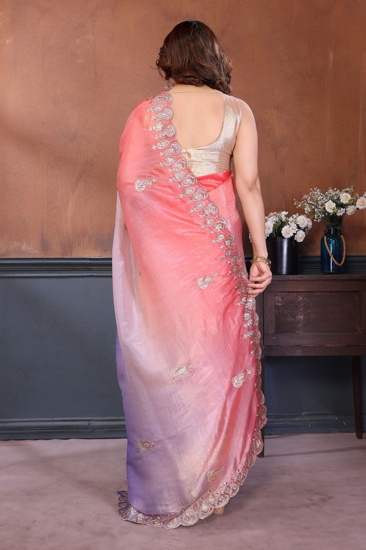 Pink Lavender Embroidered Organza Silk Saree Designer Border
