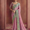  Pink Mint Green Silk Saree with Heavy Embroidered Border