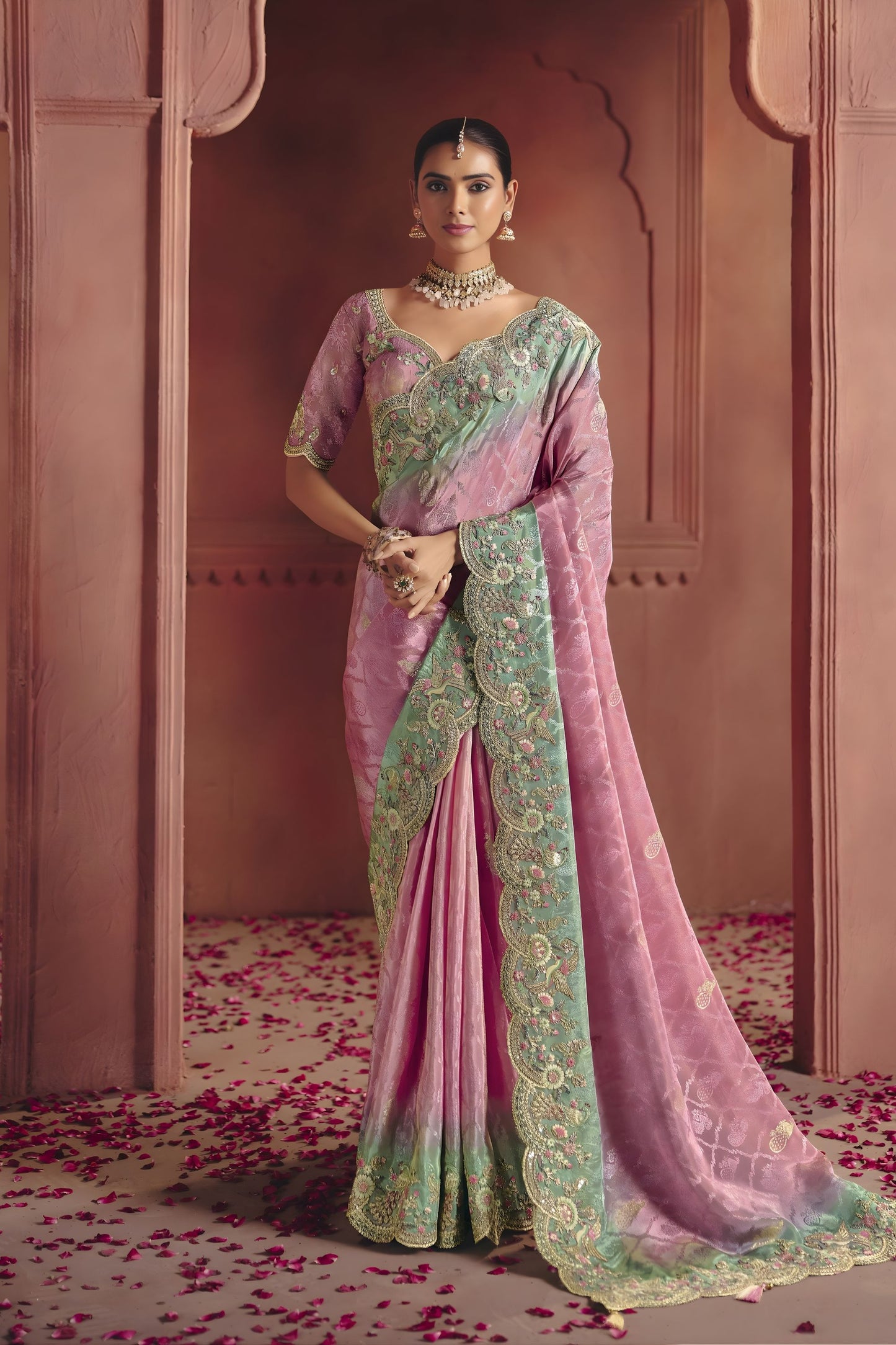  Pink Mint Green Silk Saree with Heavy Embroidered Border