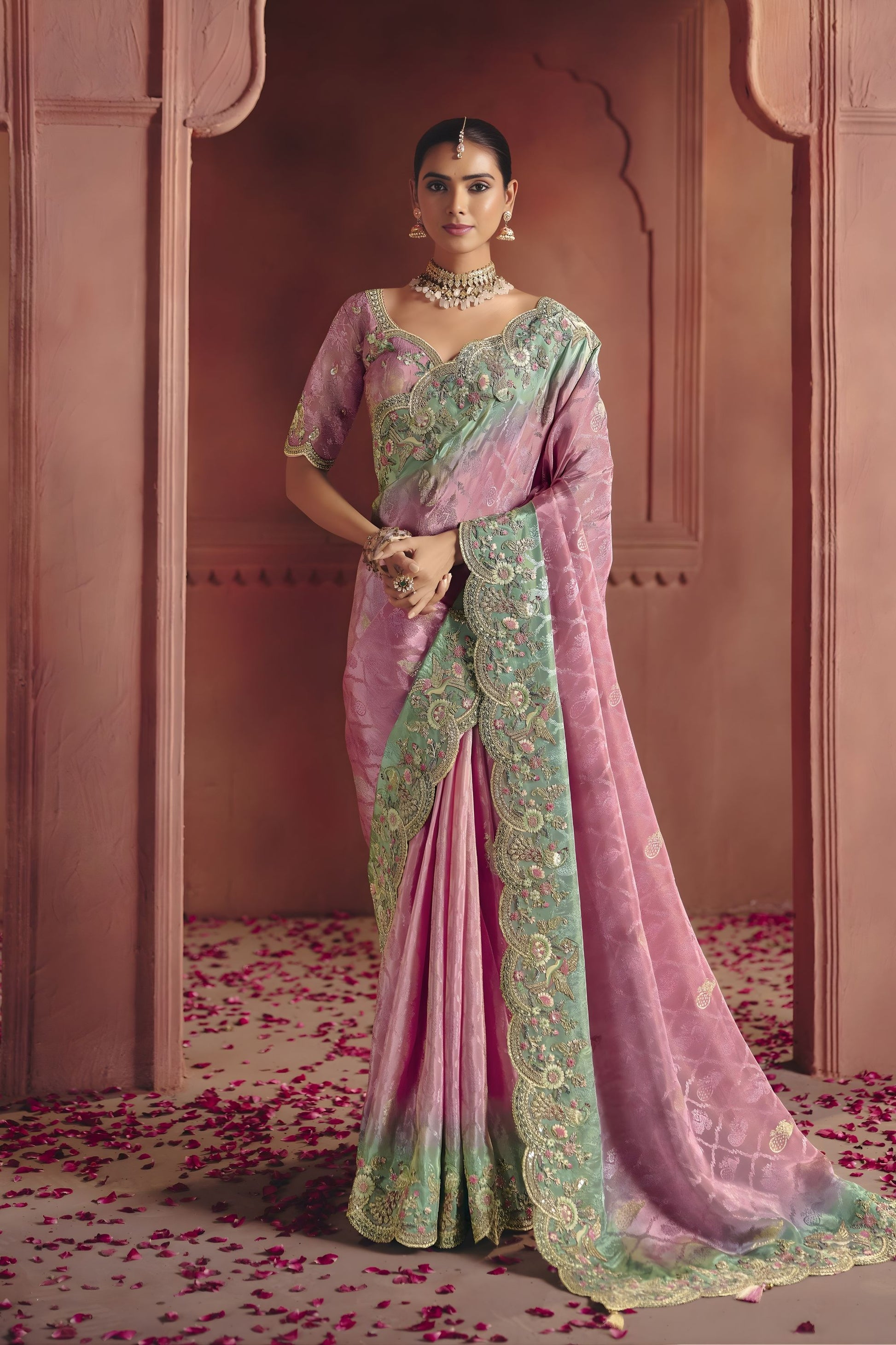  Pink Mint Green Silk Saree with Heavy Embroidered Border