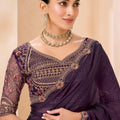 Deep Purple Designer Saree with Floral Embroidered Border Blouse