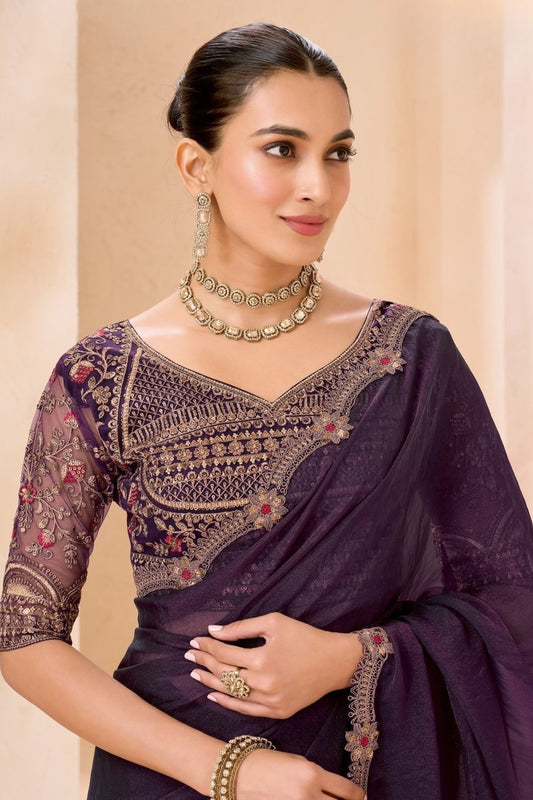 Deep Purple Designer Saree with Floral Embroidered Border Blouse