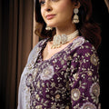 Grey Designer Saree with Heavy Embroidered Border Purple Blouse