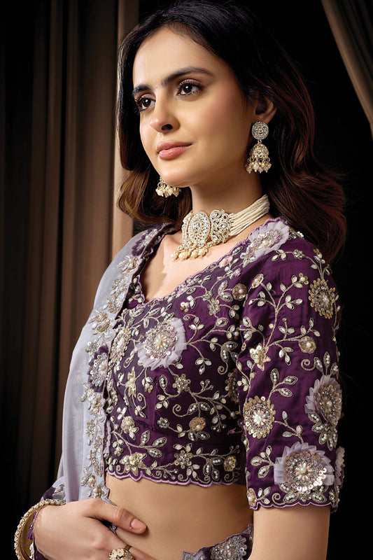 Grey Designer Saree with Heavy Embroidered Border Purple Blouse