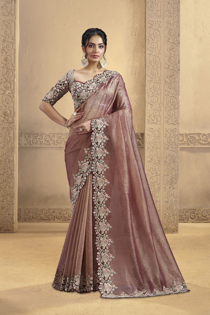 Designer Mauve Metallic Silk Saree Heavy Border and Matching Blouse 