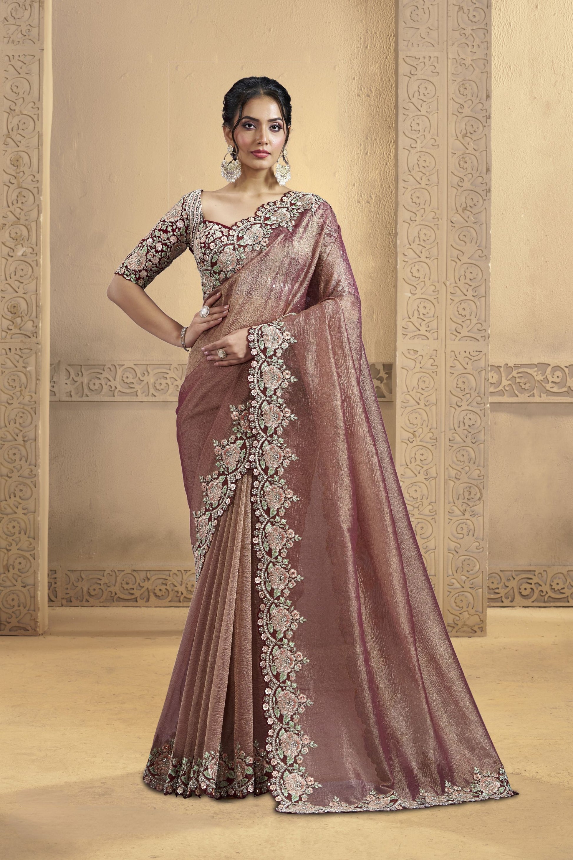 Designer Mauve Metallic Silk Saree Heavy Border and Matching Blouse 