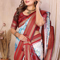 White and Sky Blue Ikat Silk Saree with Rich Red Contrast Border Traditional Saree